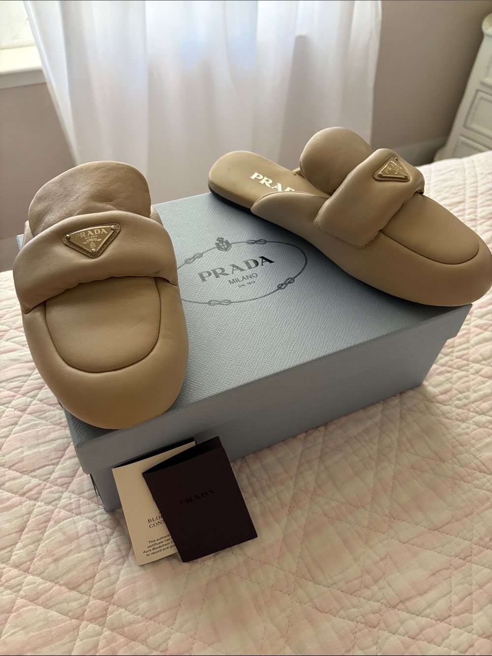 Prada Tan Padded Leather Slide Mules with Gold Logo